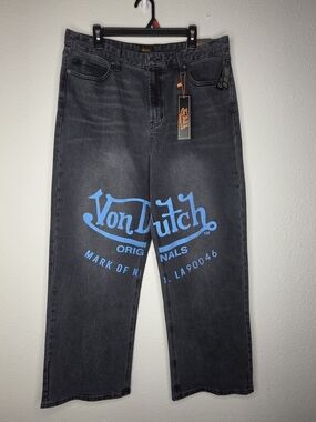 Von Dutch Jeans Men 34 Black Graphic Logo Y2K Streetwear Denim NWT